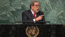 Prime Minister Ralph Gonsalves addresses the United Nations General Assembly on Saturday, Sept. 24, 2022. (UN photo)