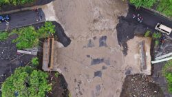 A Richard Robertson/Facebook photo showing the Overland River in flood and the abutments for the Bailey bridges on Sept. 17, 2022.