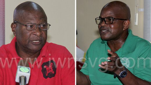 President of the SVG Teachers' Union, Oswald Robinson, left, and President of the Public Service Union, Elroy Boucher, speaking at the press conference in Kingstown on Tuesday, Sept. 20, 2022. 