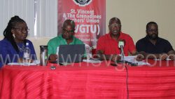 From left: Gweneth Baptiste-Stoddard, 1st vice president of the PSU, Elroy Boucher, president of the PSU, Oswald Robinson, president of the SVG Teachers’ Union, and Corporal Germano Douglas, chair of the Police Welfare Association brief the media on Sept. 20, 2022 about the outcome of the negotiations. 