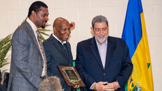 From left: SVG Consul General in New York, Rondy “Luta” Mc Intosh, Vaughan Toney, and Prime Minister of SVG, Ralph Gonsalves at the event in New York on Saturday, Sept. 24, 2022. (Photo: Rondy Luta Mc Intosh/Facebook) 
