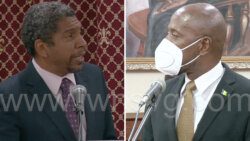 Minister of Finance, Camillo Gonsalves, left, and East Kingstown MP, opposition lawmaker Fitz Bramble speaking in Parliament on Monday, Oct. 17, 2022.