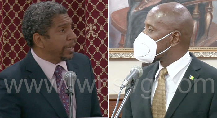 Minister of Finance, Camillo Gonsalves, left, and East Kingstown MP, opposition lawmaker Fitz Bramble speaking in Parliament on Monday, Oct. 17, 2022.