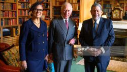 King Charles III poses during an audience with the Prime Minister of St Vincent and the Grenadines, Ralph Gonsalves, and Mrs Eloise Gonsalves, at Balmoral Castle on Oct. 1, 2022 in Balmoral , Aberdeen, Scotland. (Photo by John Linton-Pool/Getty Images)