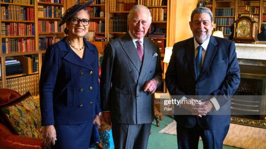 King Charles III poses during an audience with the Prime Minister of St Vincent and the Grenadines, Ralph Gonsalves, and Mrs Eloise Gonsalves, at Balmoral Castle on Oct. 1, 2022 in Balmoral , Aberdeen, Scotland. (Photo by John Linton-Pool/Getty Images)