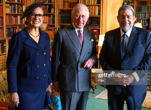 King Charles III poses during an audience with the Prime Minister of St Vincent and the Grenadines, Ralph Gonsalves, and Mrs Eloise Gonsalves, at Balmoral Castle on Oct. 1, 2022 in Balmoral , Aberdeen, Scotland. (Photo by John Linton-Pool/Getty Images)