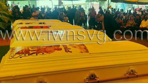 Prime Minister Ralph Gonsalves pays tribute to the Clare Valley Five at their funeral in Clare Vally on Sunday, Oct. 16, 2022. 