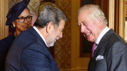 Prime Minister Ralph Gonsalves, left, and King Charles in Scotland on Saturday, Oct. 1, 202. The prime minister's wife, Eloise is at left.