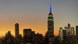 The Empire State Building lit up in the national colours of St. Vincent and the Grenadines on Oct. 27, 2022, SVG's 43rd anniversary of independence. (Photo: Facebook/Emanuel Quashie/Twitter/KevPolitics)