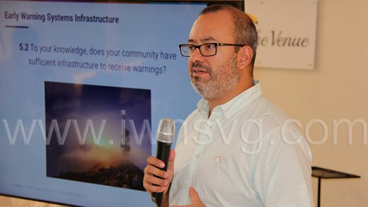Jair Torres, senior consultant to the United Nations Office for Disaster Risk Reduction (UNDRR) office in Panama addresses the workshop in Bequia on Tuesday, Nov. 8, 2022.