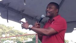 The Reverend Kelron Harry speaking at the St. Vincent and the Grenadines Teachers’ Union’s Solidarity March and Rally in Kingstown on Friday, Nov. 18, 2022. 