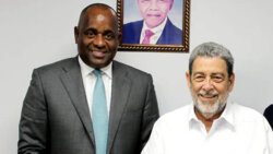 Prime Ministers Roosevelt Skerrit of Dominica, left, and Ralph Gonsalves of St. Vincent and the Grenadines. (Internet photo)