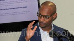 Stewart Haynes, executive director of the National Insurance Services, makes a point during the consultation with the media in Kingstown on Tuesday, Nov. 22, 2022.