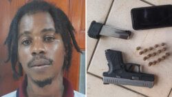 The accused, Tarique Sutton, left and the firearm and ammunition he allegedly had in his possession. (Police photos)