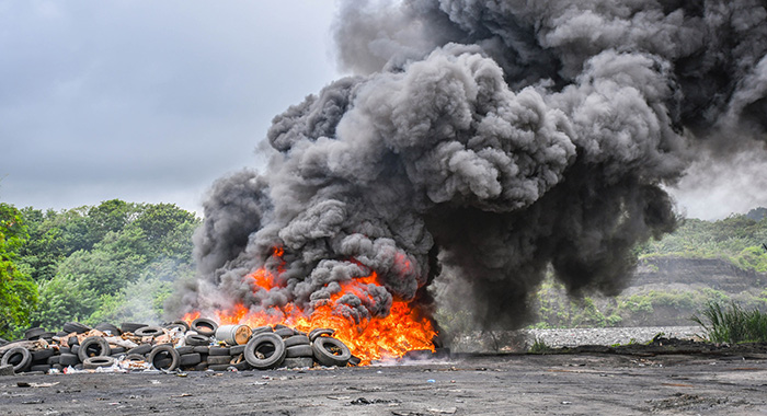 Police use used tyres to destroy illegal drugs at Rabacca on Nov. 9, 2022.