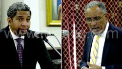Minister of Finance, Camillo Gonsalves, left, and Opposition Leader Godwin Friday during the Budget Debate last week.