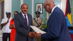 Gaston Browne, left, is sworn in, on Thursday, for a third consecutive term as Prime Minister of Antigua and Barbuda. (Photo: ABS Television/Radio/Facebook)