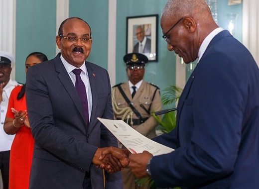 Gaston Browne, left, is sworn in, on Thursday, for a third consecutive term as Prime Minister of Antigua and Barbuda. (Photo: ABS Television/Radio/Facebook)
