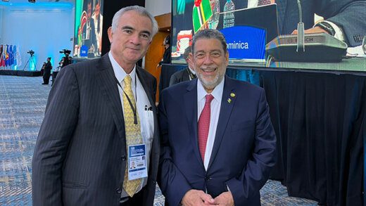 Prime Minister Ralph Gonsalves, right, and José Manuel Salazar-Xirinachs, executive secretary of the United Nations Economic Commission for Latin America and the Caribbean at the CELAC summit in Argentina. (Photo: Twitter/ @eclac_un)