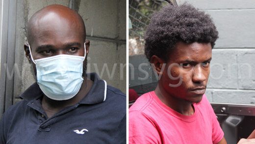 The defendants, Kevin Lewis, left, and Jomodean Alexander outside the Serious Offences Court on Friday, Jan. 6, 2022.