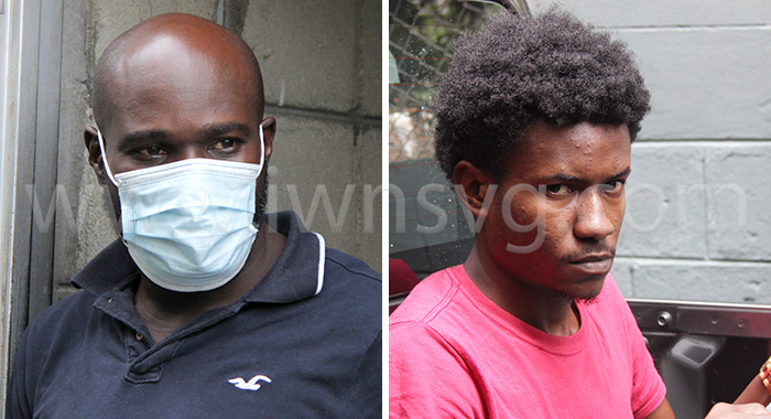 The defendants, Kevin Lewis, left, and Jomodean Alexander outside the Serious Offences Court on Friday, Jan. 6, 2022.