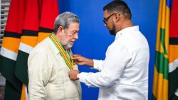 SVG's Prime Minister Ralph Gonsalves, left, and Guyana's President Irfaan Ali. 
