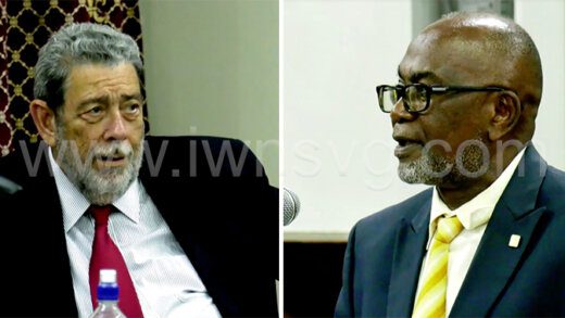 A composite image of Prime Minister Ralph Gonsalves, right, and MP for Central Kingstown, St. Clair Leacock in Parliament on Jan. 11, 2023.