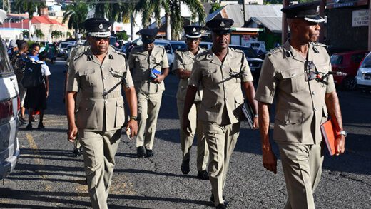 Commissioner of Police, Colin John and other high-ranking police officers walkthrough Rose Place and Little Tokyo, Kingstown on Jan. 26, 2023 as part of the constabulary’s strategy to curb crime and continue to build a better working relationship with members of the public. (Photo: RSVGPF/Facebook)