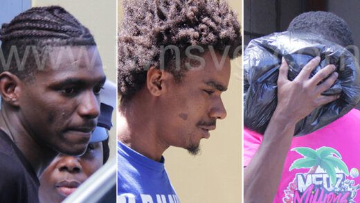 The defendant, Marco Noel, Jomalie Gill and Gevonni Joseph outside Serious Offences Court on Tuesday, Feb. 14, 2023.