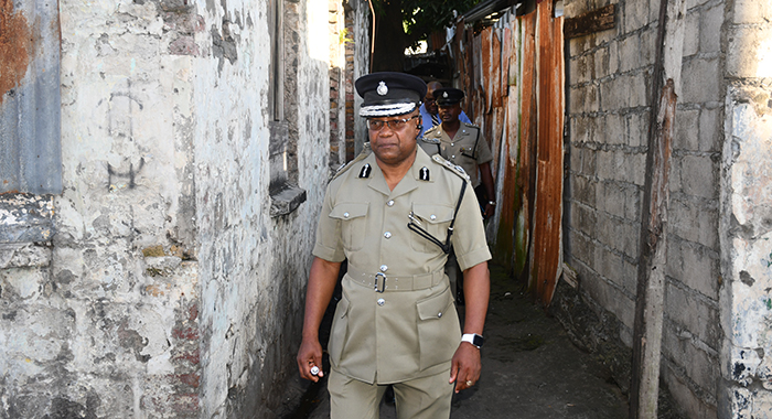 Commissioner of Police Colin John leads senior police officer on a walk through Paul's Avenue as part of community relations efforts on Tuesday, Feb. 14, 2023.