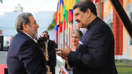Prime Minister Ralph Gonsalves of St. Vincentian and the Grenadines, left, is meeting with Nicolas Maduro, right, president of Venezuela, in Caracas, in Gonsalves' first trip overseas since Kingstown was elected president pro tempore of CELAC on Jan. 23, 2023. (Photo: APISVG/Facebook)
