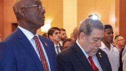 Trinidad and Tobago’s PM Keith Rowley, left, and St. Vincent and the Grenadines PM Ralph Gonsalves at the International Energy Conference in Guyana on Feb. 14 (Photo: Office of the Prime Minister, Trinidad and Tobago) 