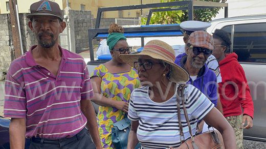 The defendant, from left, John Mofford, Adrianna King, Luzette King, Robert “Patches” Knight-King, arrive at the Kingstown Magistrate’s Court, on Friday, Feb. 24, 2023. 
