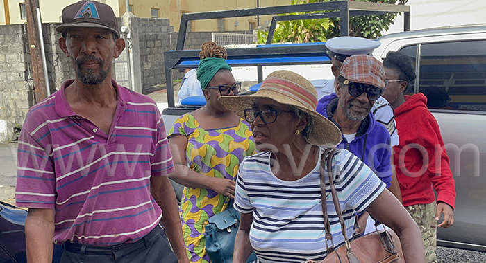 The defendant, from left, John Mofford, Adrianna King, Luzette King, Robert “Patches” Knight-King, arrive at the Kingstown Magistrate’s Court, on Friday, Feb. 24, 2023. 