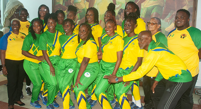 players and officials of the St. Vincent and the Grenadines netball team pose for a photo upon arrival in Jamica October 2022 photo by Robertson S. Henry 1
