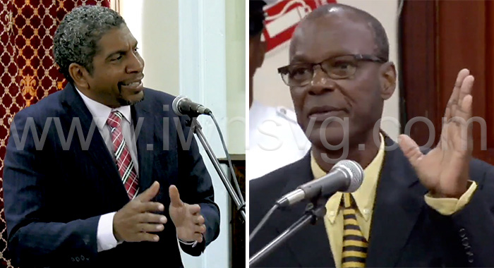 Minister of Finance, Camillo Gonsalves, left, and MP for West Kingstown, Daniel Cummings speaking in Parliament on April 11. 
