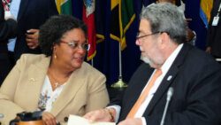 Prime Ministers Mia Mottley, left and Ralph Gonsalves.