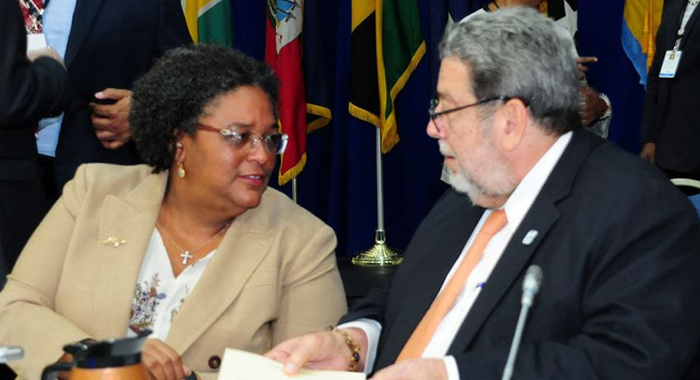 Prime Ministers Mia Mottley, left and Ralph Gonsalves.
