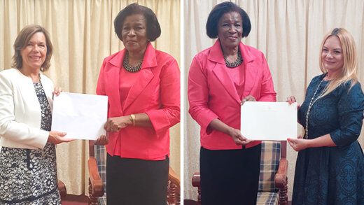From left: Theodora Magdalena Mircea, ambassador of Romania, presents letters of credence to Governor General Dame Susan Dougan and Beate Stirø, ambassador of the Kingdom of Norway presents letters of credence to Dame Susan. 