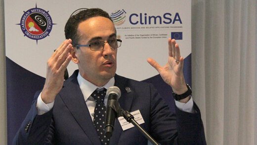 Cédric Van Meerbeeck, climatologist at CIMH, delivering the climate outlook in Kingston on Wednesday, May 24, 2023. (CMC photo)