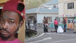 Jamarlo "Ice" Dunbar, left inset, and the scene of his killing in Arnos Vale on Saturday, May 6, 2023.