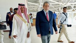 Prime Minister Ralph Gonsalves, right, and Chairman of the board of directors of the Saudi Fund for Development (SFD), Ahmed Al Khateeb at Argyle International Airport on Friday, May 26, 2023. (Photo: Facebook/NBC Radio) 