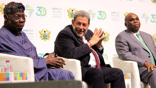 Prime Minister of St. Vincent and the Grenadines, Ralph Gonsalves, former president of Nigeria, Chief Olusegun Obasanjo and President of the Afrexim Bank, Benedict Oramah  during the panel discussion in Ghana on Tuesday, June 19, 2023. (CMC Photo)
