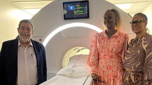 Prime Minister Ralph Gonsalves, left, Deputy Hospital Administrator Idinga Miller, centre, and the PM's wife, Eloise Gonsalves, pose with the MRI machine on Thursday. (Photo: Facebook/NBC Radio St Vincent and the Grenadines)