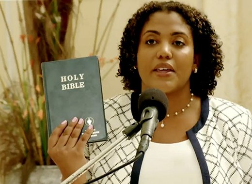 Benarva Browne, 33,  as she was sworn in as minister of urban development, energy, seaport development, seaport administration, Grenadine affairs and local government at Government House, on Wednesday, July 12, 2023. 