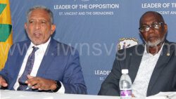 Opposition Leader Godwin Friday, left, and opposition spokesperson on national security, St. Clair Leacock speaking at a press conference in Kingstown on Wednesday, July 26. 