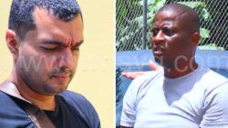 Drug accused, Colombian Martin Alonso Velez Velasquez, left, and Vincentian Romaul Benn outside the Serious Offences Court on Monday, July 3, 2023.