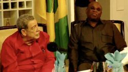 Prime Minister Ralph Gonsalves, left, and Afreximbank President, Professor Benedict Oramah speaking during a news conference in St. Vincent on Saturday, Aug. 5, 2023. 