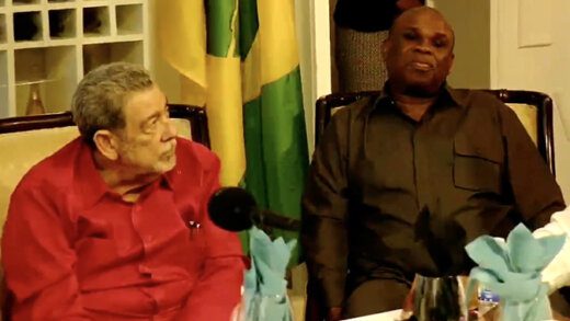 Prime Minister Ralph Gonsalves, left, and Afreximbank President, Professor Benedict Oramah speaking during a news conference in St. Vincent on Saturday, Aug. 5, 2023. 