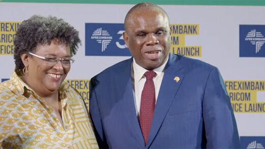 Barbados Prime Minister Mia Mottley, left, and Professor Benedict Oramah, Afreximbank President at the opening of the bank’s office in Barbados on Friday, Aug. 4, 2023. (CMC Photo)